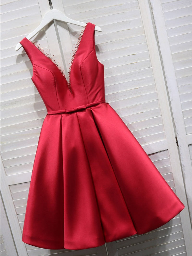 Red Satin V-neckline Knee Length Homecoming Dress, Red Short Prom Dress