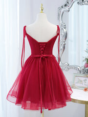 Red Straps Tulle Short Homecoming Dress Prom Dress, Red V-neckline Formal Dresses