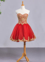 Red Sweetheart Tulle Short Homecoming Dress with Gold Applique, Short Formal Dresses