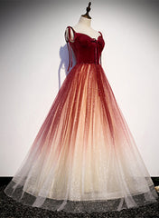 Red Sweetheart Velvet and Tulle Straps Long Party Dress, Gradient Tulle A-line Prom Dress