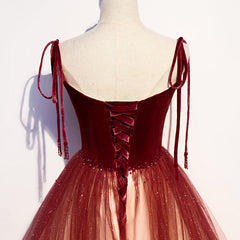 Red Sweetheart Velvet and Tulle Straps Long Party Dress, Gradient Tulle A-line Prom Dress