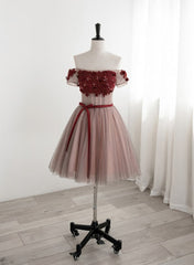Red Tulle Beaded and Lace Short Party Dresses, Off Shoulder Prom Dresses