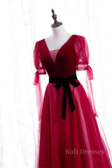 Red V Neck Puff Sleeves Bow Tie A-line Ankle Length Formal Dress with Sash