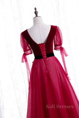 Red V Neck Puff Sleeves Bow Tie A-line Ankle Length Formal Dress with Sash