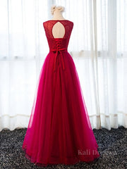 Round Neck Burgundy Beaded Prom Dresses, Wine Red Beaded Formal Evening Bridesmaid Dresses
