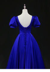 Royal Blue Satin Tea Length Wedding Party Dress, Blue Prom Homecoming Dress