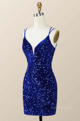 Royal Blue Sequin Tight Mini Dress with Double Straps
