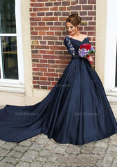 Satin Prom Dress Ball Gown V Neck Cathedral Train With Lace