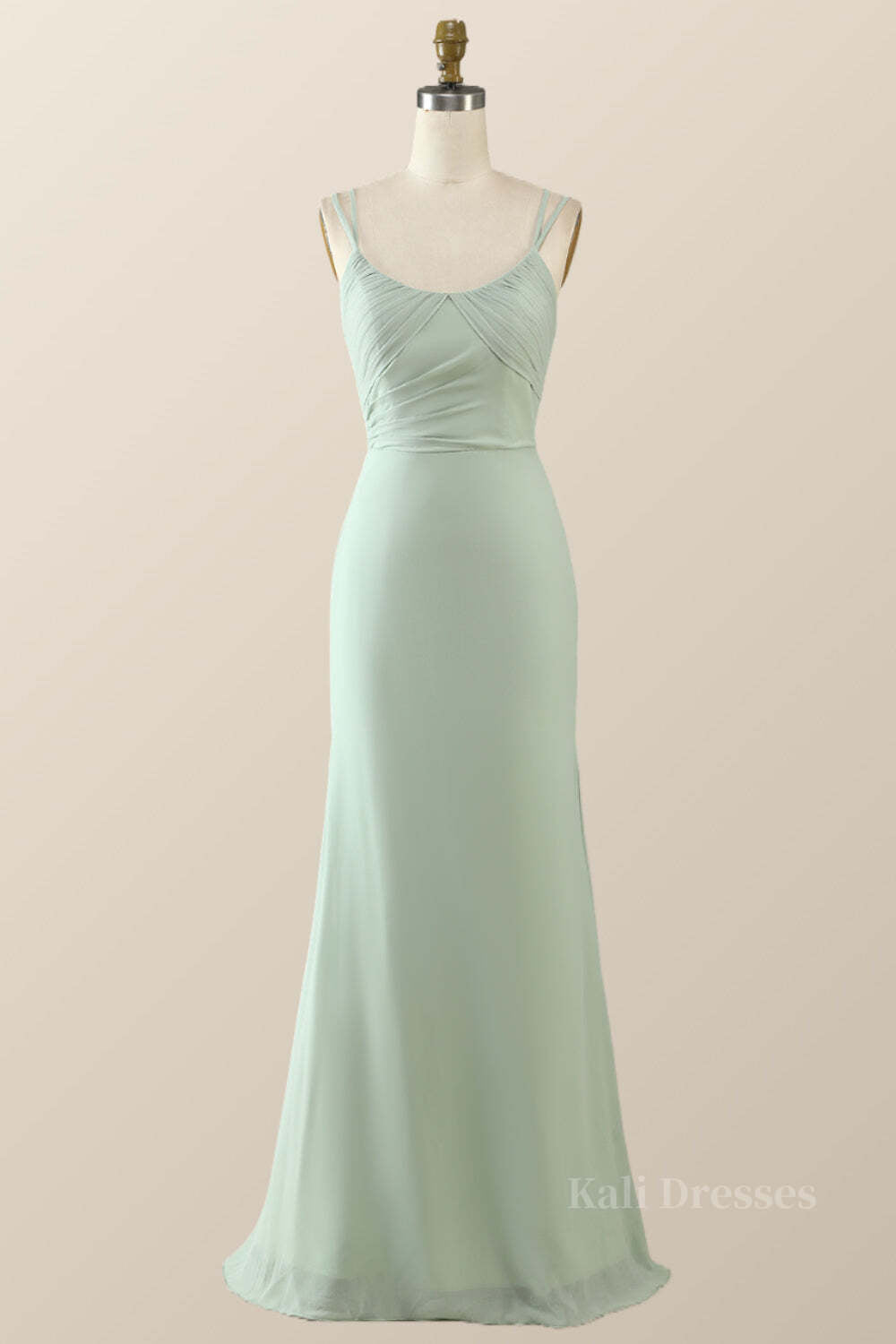 Scoop Mint Green Chiffon Pleated Long Bridesmaid Dress
