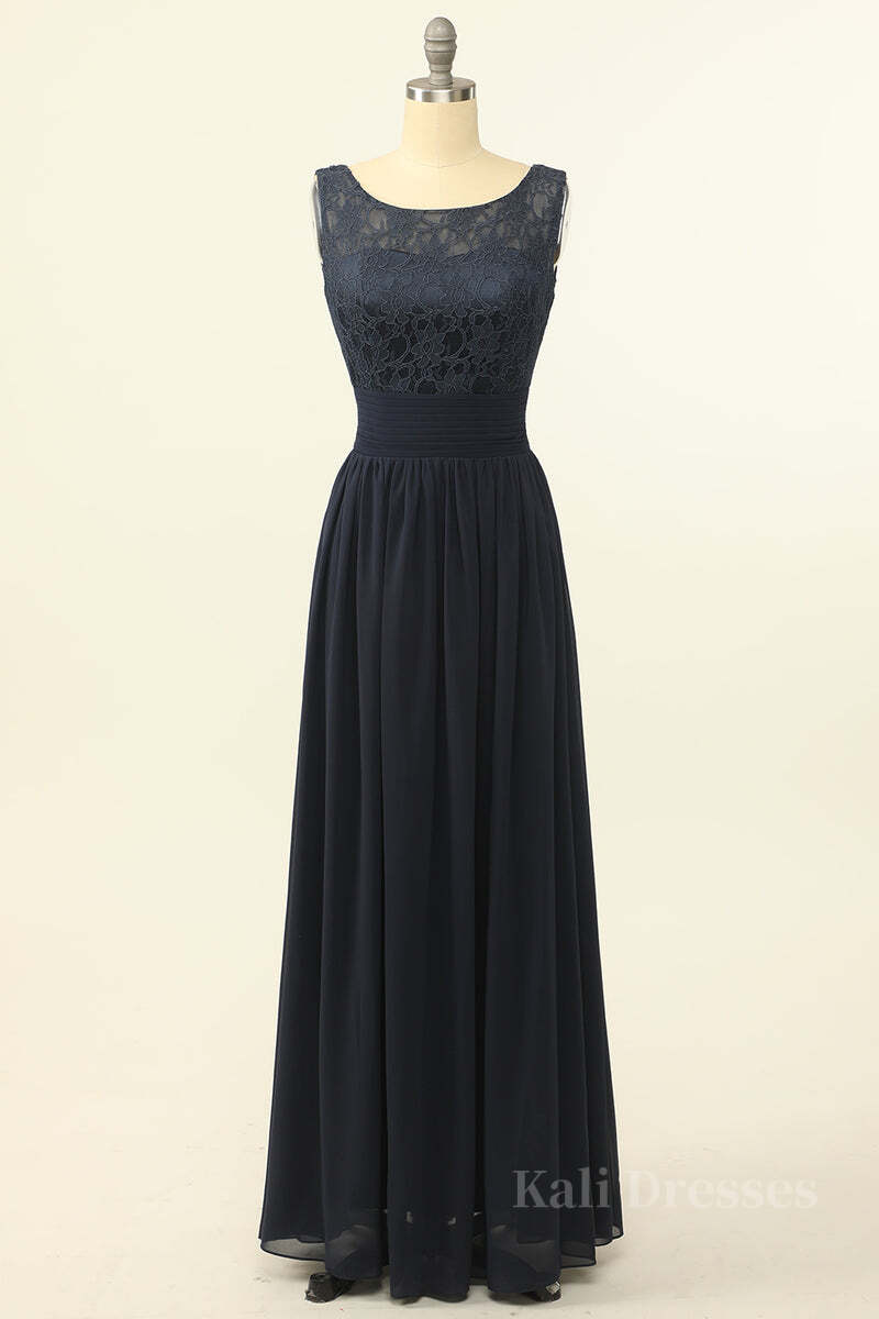 Scoop Navy Blue Lace and Chiffon A-line Long Bridesmaid Dress