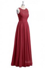 Scoop Wine Red A-line Lace and Chiffon Long Bridesmaid Dress