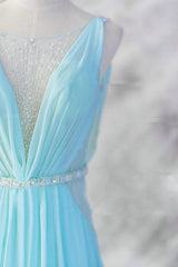 Sexy Light Blue Chiffon Backless Long Evening Gown, Blue Party Dress