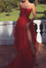 Sexy Strapless Layered Red Long Prom Dresses with High Slit,Formal Dresses,Dance Dress