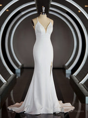 Sheath/Column Halter Sweep Train Stretch Crepe Wedding Dresses with Leg Slit
