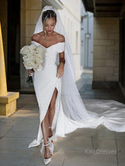 Sheath/Column Off-the-Shoulder Chapel Train Charmeuse Wedding Dresses With Leg Slit