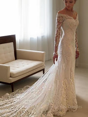 Sheath/Column Off-the-Shoulder Court Train Lace Wedding Dresses With Appliques Lace