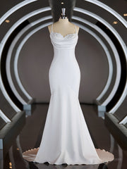 Sheath/Column Square Court Train Stretch Crepe Wedding Dresses with Ruffles