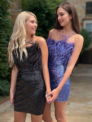 Sheath/Column Strapless Short/Mini Sequins Homecoming Dresses With Feather