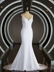 Sheath/Column V-neck Court Train Stretch Crepe Wedding Dresses with Ruffles