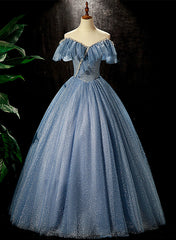 Shiny Blue Off Shoulder Beaded Long Party Dress, Blue A-line Prom Dress