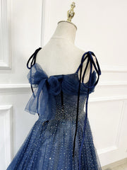 Shiny Navy Blue Tulle Straps Long Prom Dresses Party Dresses, A-line Beaded Prom Dresses