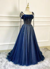 Shiny Navy Blue Tulle Straps Long Prom Dresses Party Dresses, A-line Beaded Prom Dresses