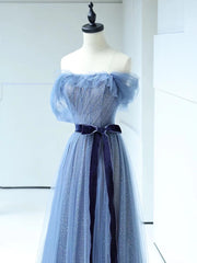 Shiny Off the Shoulder Blue Tulle Prom Dresses, Blue Long Formal Evening Dresses