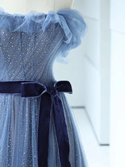 Shiny Off the Shoulder Blue Tulle Prom Dresses, Blue Long Formal Evening Dresses