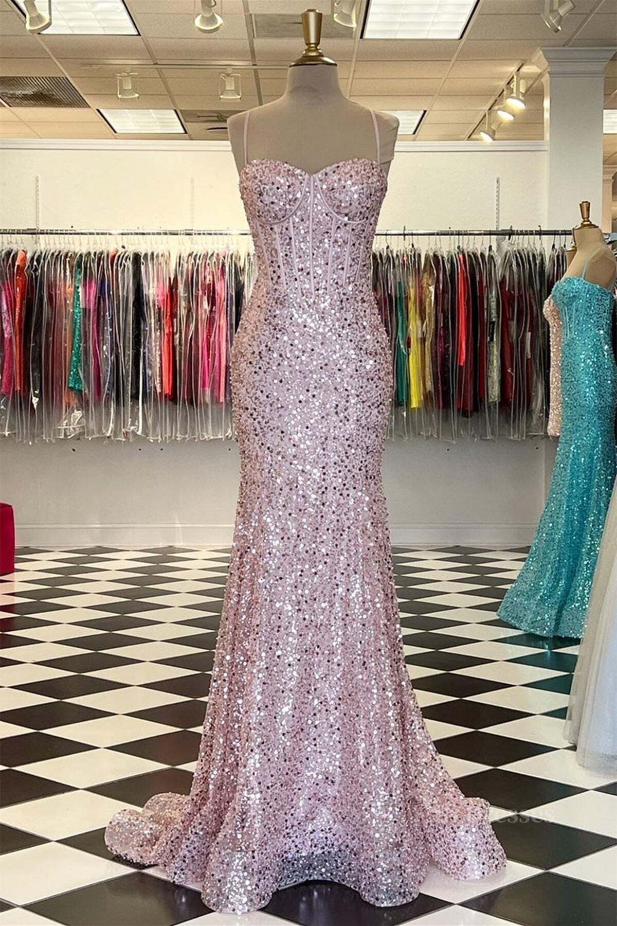 Shiny Sequins Mermaid Pink Long Prom Dress, Sweetheart Neck Pink Formal Dress, Mermaid Pink Evening Dress