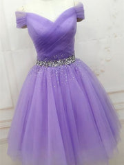 Shiny Sequins Purple Short Prom Dresses, Off the Shoulder Purple Formal Homecoming Dresses