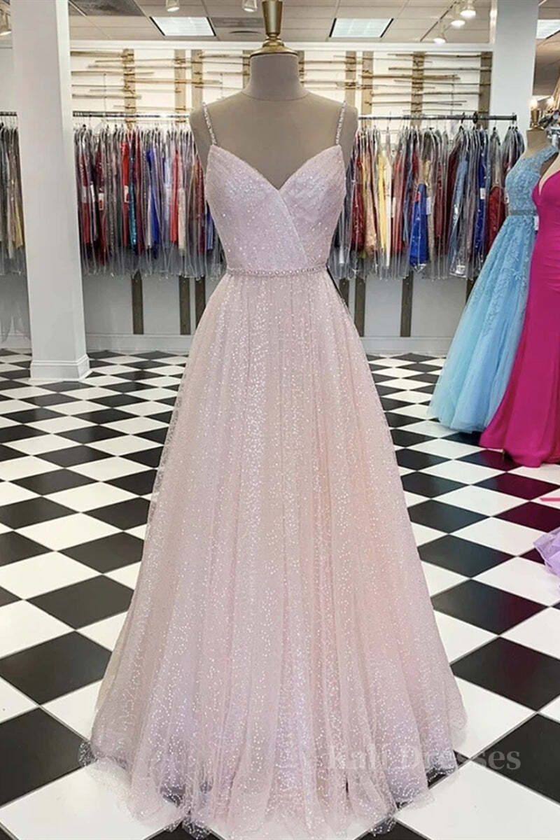 Shiny Sequins V Neck Pink Long Prom Dress, V Neck Pink Formal Graduation Evening Dress