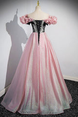 Shiny Tulle Long A-Line Pink Corset Prom Dress, Off the Shoulder Evening Party Dress
