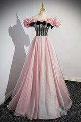 Shiny Tulle Long A-Line Pink Corset Prom Dress, Off the Shoulder Evening Party Dress