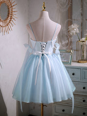 Short V Neck Beaded Blue Prom Dresses, Short Blue V Neck Formal Homecoming Dresses