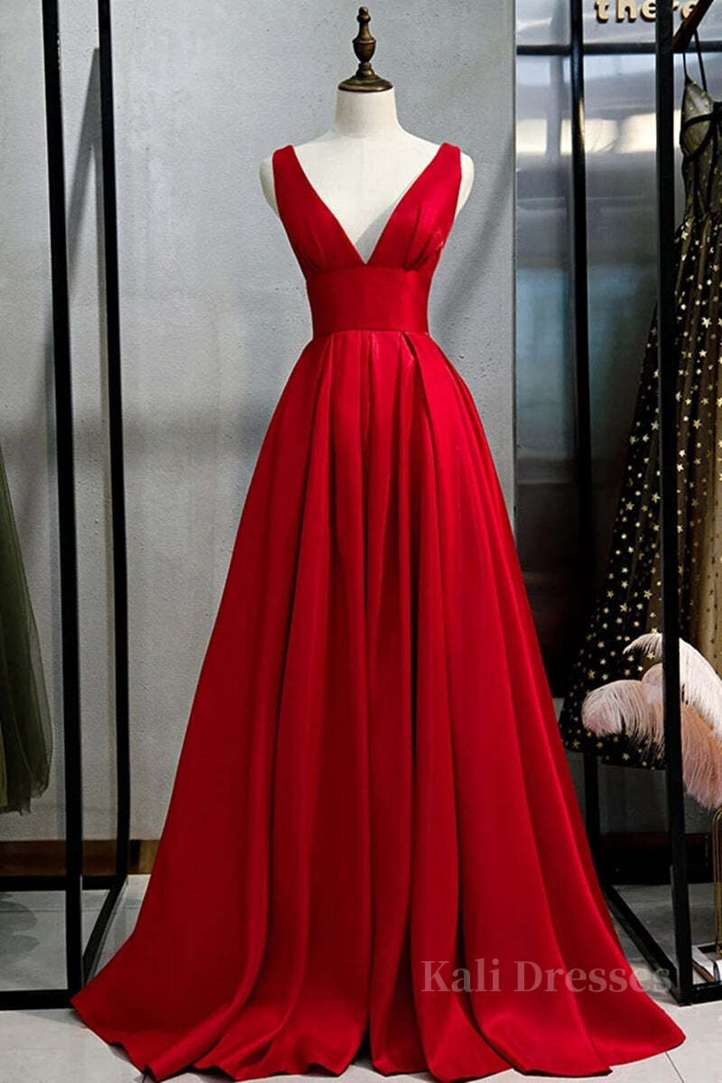 Simple A Line V Neck and V Back Red Satin Long Prom Dress, Cheap V Neck Red Formal Graduation Evening Dress