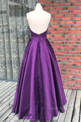 Simple Backless Purple Satin Long Prom Dresses, Backless Purple Formal Dresses, Purple Evening Dresses