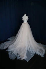 Simple Ball Gown Lace-up Ivory Tulle Off-the-shoulder Wedding Party Dress, Ivory Formal Dress