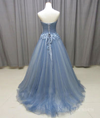 Simple gray blue tulle lace applique long prom dress, tulle evening dress