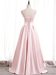 Strapless A-line Pink Satin Prom Dresses, Pink Satin Long Party Dress