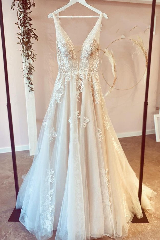 Stunning Long A-Line V-neck Tulle Floral Lace Wedding Dress