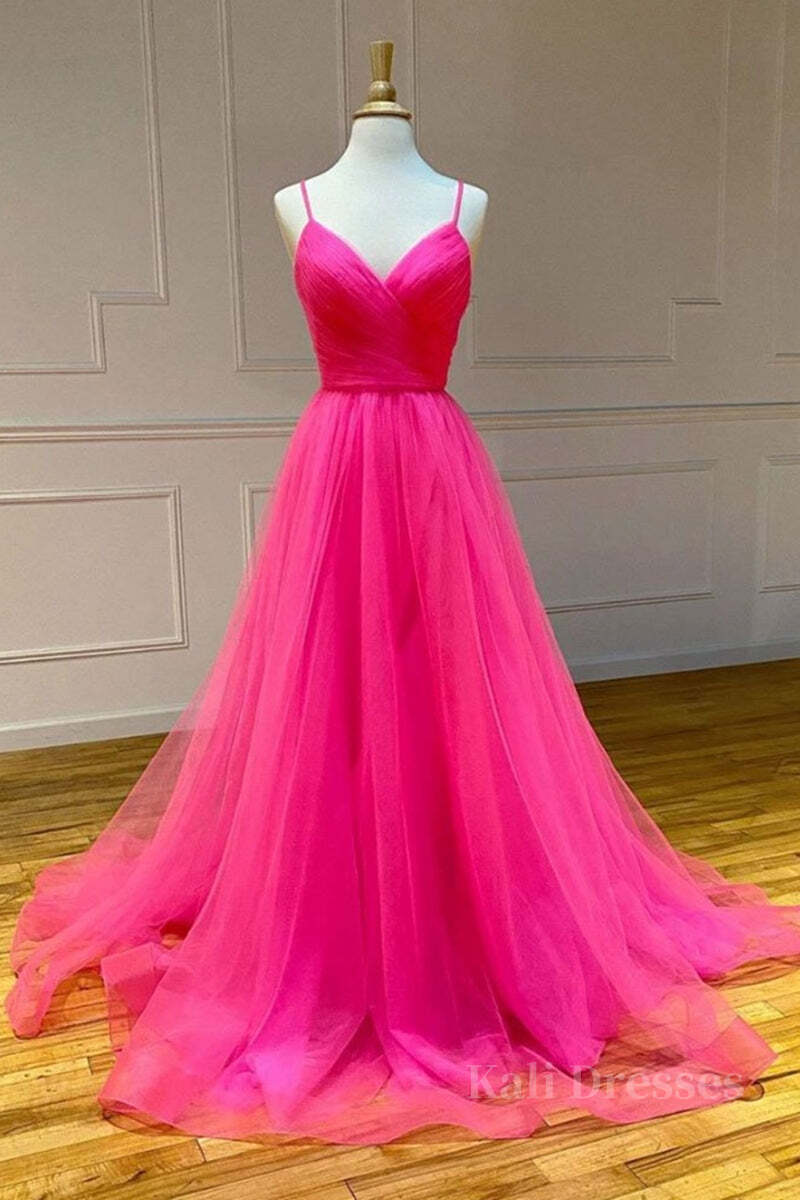 Stylish A Line V Neck Backless Hot Pink Long Prom Dress, Backless Hot Pink Formal Graduation Evening Dress
