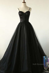 Sweetheart Neck Black Tulle Long Prom Dress, Thin Straps Black Formal Evening Dress, Black Ball Gown