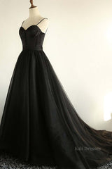 Sweetheart Neck Black Tulle Long Prom Dress, Thin Straps Black Formal Evening Dress, Black Ball Gown