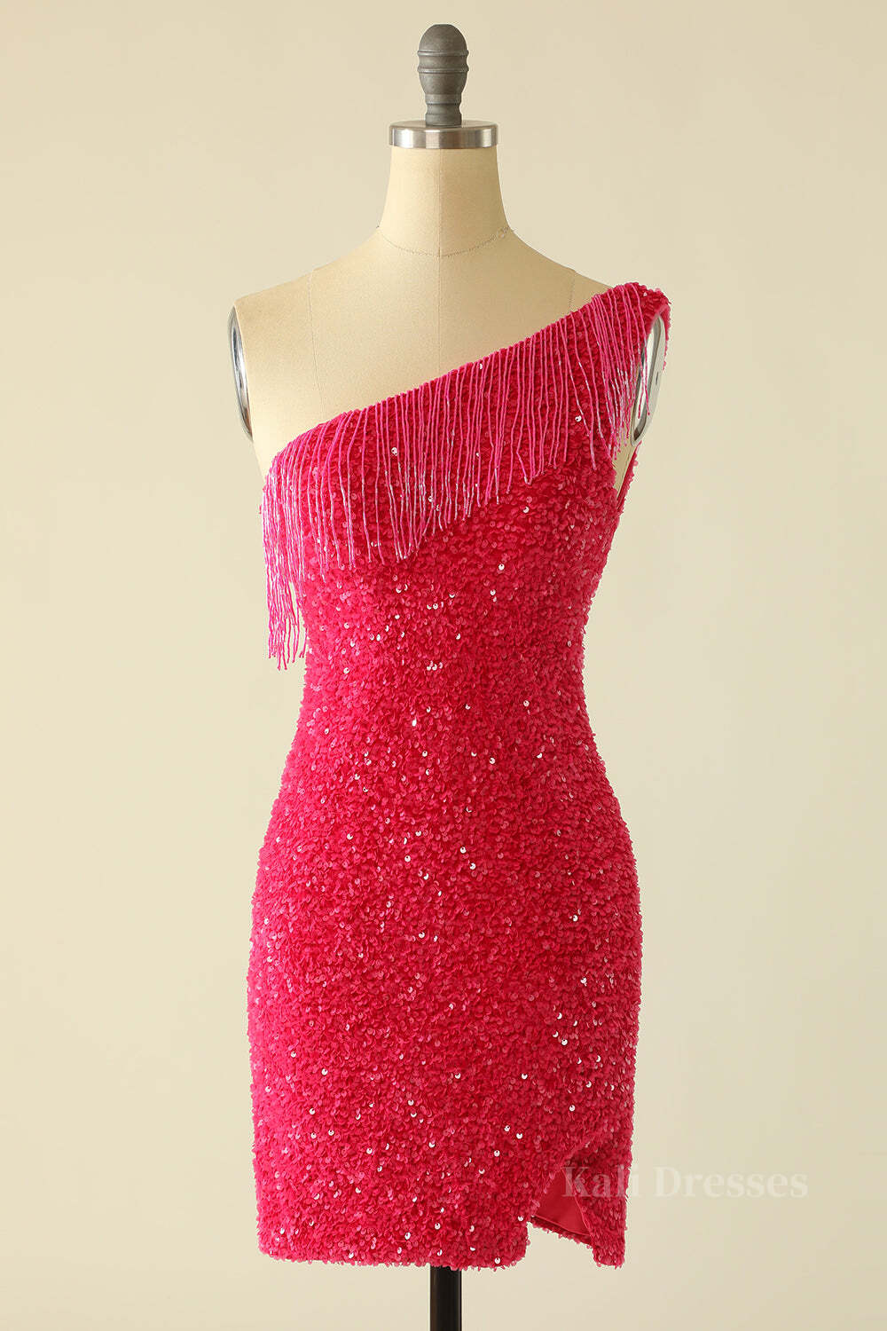 Tassels One Shoulder Hot Pink Sequin Mini Dress