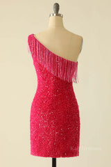 Tassels One Shoulder Hot Pink Sequin Mini Dress