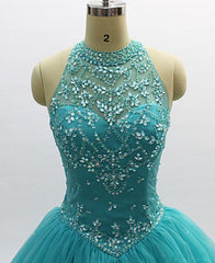 Teal Blue Tulle Beaded Ball Gown High Neckline Sweet 16 Dress, Blue Quinceanera Dresses