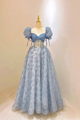 Tulle Lace Long Prom Dress, Blue Short Sleeve Evening Dress
