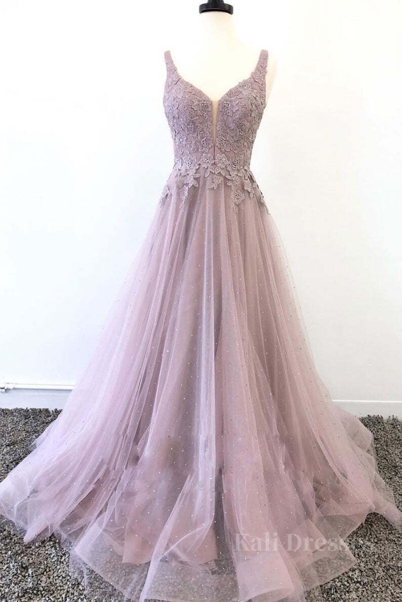 Unique v neck tulle lace long prom dress, tulle evening dress