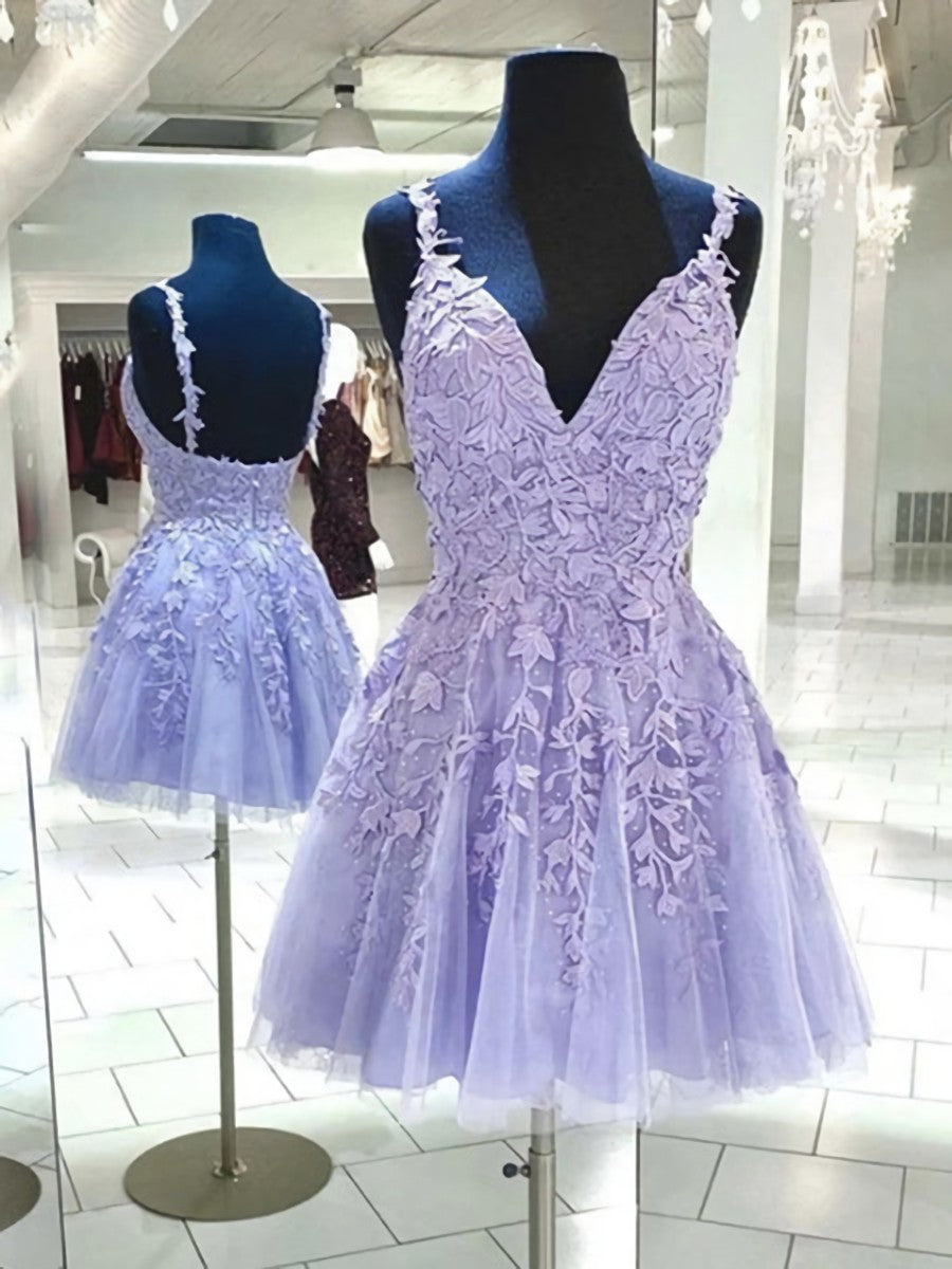 V Neck Backless Purple Lace Short Prom Dresses, Open Back Purple Short Lace Formal Homecoming Dresses