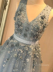 V Neck Open Back Beaded Blue Long Prom Dress with 3D Flowers, Open Back Blue Formal Graduation Evening Dress